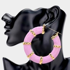 Pink & Gold Bamboo Door Knocker Earrings Trendy Cute Big Hoop Jewelry Accessory